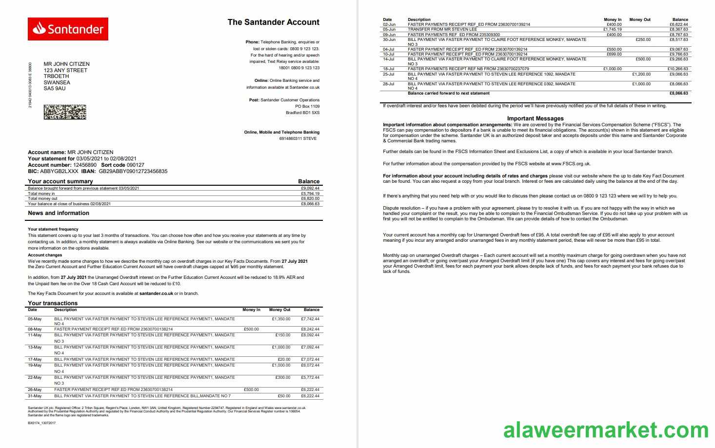 United Kingdom Santander bank statement template in Word and PDF format (2 pages)